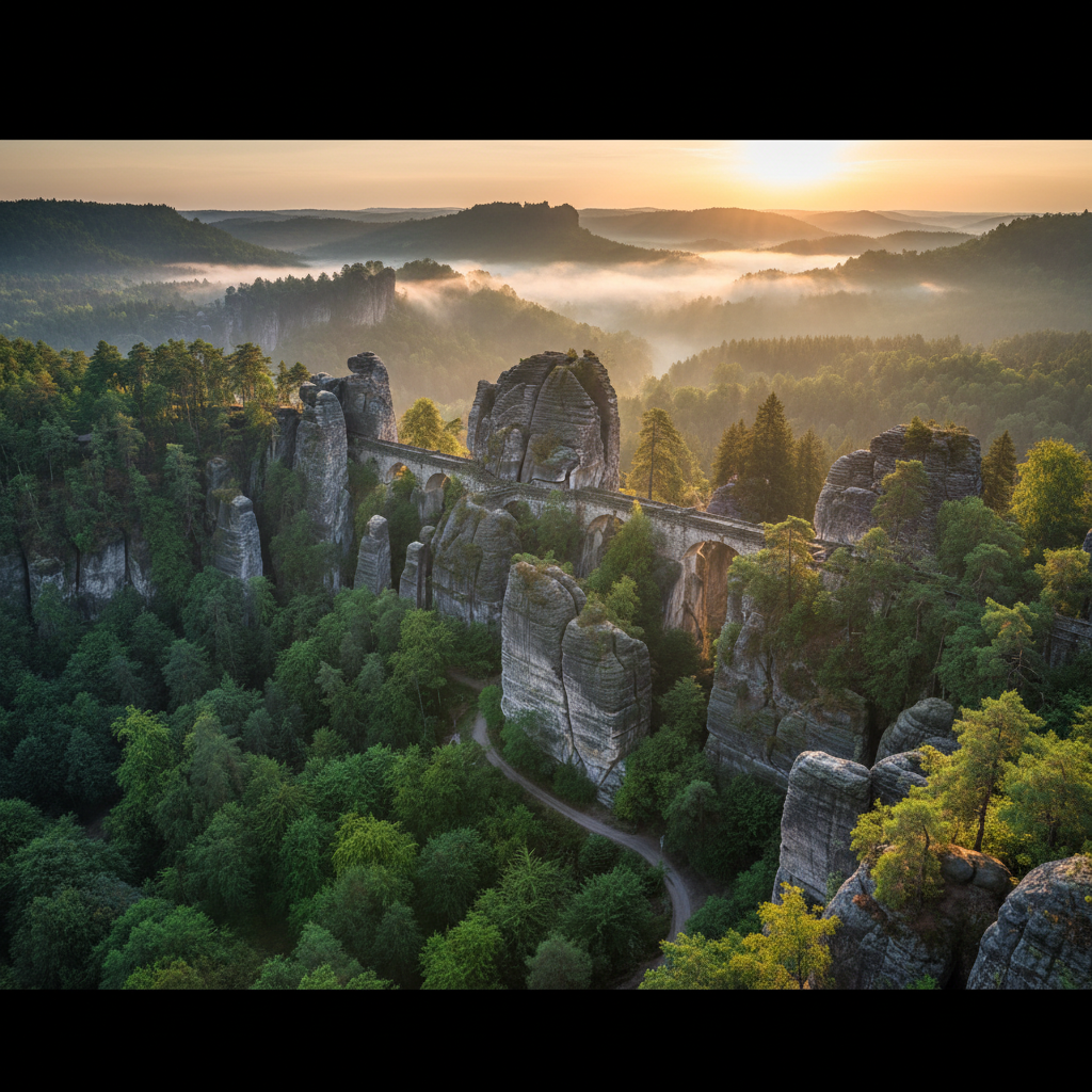 Saechsische Schweiz Felslandschaft bei Sonnenaufgang - Kurzurlaub Deutschland